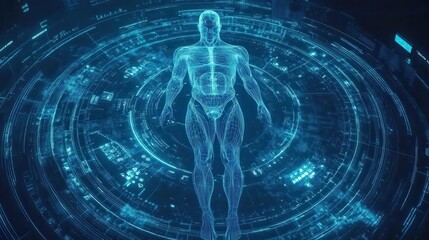 Poster - An illuminated human form is presented within a technological sphere