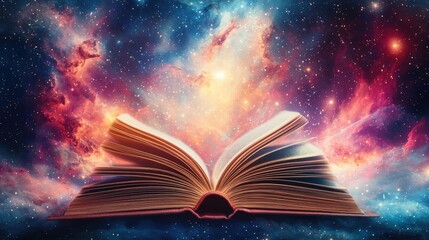 Aufkleber - Open book under starry sky with galaxy and cognition concept. An imaginative book floating in a cosmic and colorful universe.