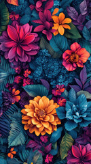 Poster - A colorful flowery background with a variety of flowers including dahlias and daisies. The flowers are arranged in a way that creates a sense of depth and movement. Scene is vibrant and lively