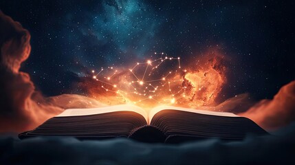Poster - Open book under starry sky expanding cognition of space concept. An open book unleashing cosmic creativity and imagination.