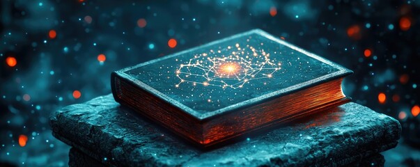 Poster - Open book under starry sky with galaxy and cognition concept. A mystical book depicting the universe in captivating detail.