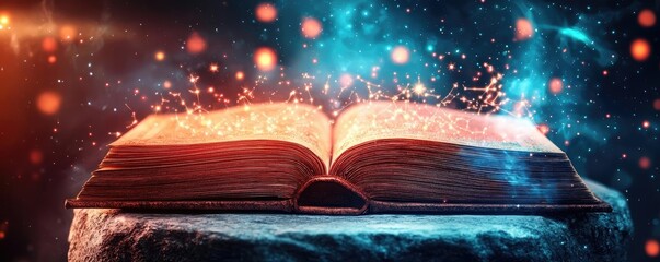 Poster - Open book under starry sky with galaxy and cognition concept. An enchanting open book radiating magical energy and light.