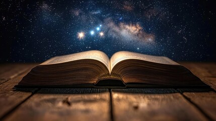 Poster - Open book under starry sky with galaxy and cognition concept. An open book under a starry sky, evoking curiosity and wonder.