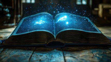 Poster - Open book under starry sky with galaxy and cognition concept. An enchanting book reveals a universe of stars and magic.