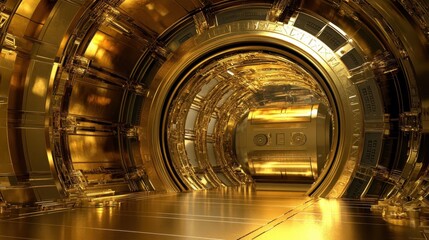 Poster - A futuristic golden tunnel design with advanced technological architecture