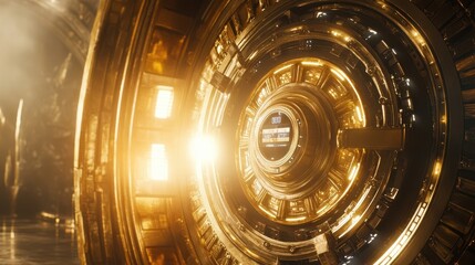 Poster - Intricate golden circular mechanism displayed with prominent internal lighting