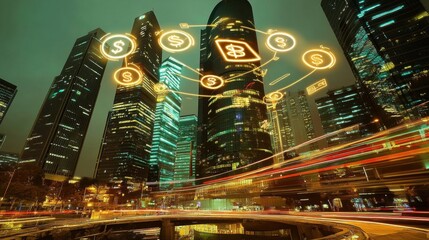 Poster - Skyscrapers and digital currency symbols representing financial technology