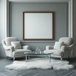 © Hala - Empty frame mockup in classic grey sitting area with boucle chairs, elegant framed art mockup, poster frame mockup design, mockup frame