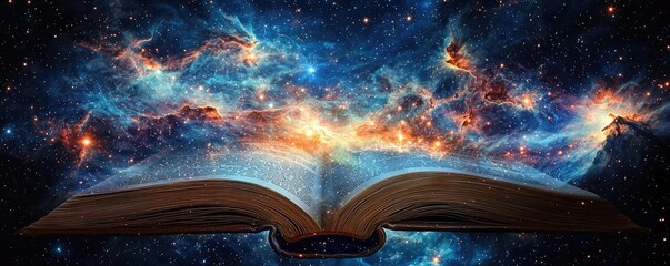Aufkleber - Open book under starry sky symbolizing learning and cognition concept. An open book floating in a cosmic starry background.