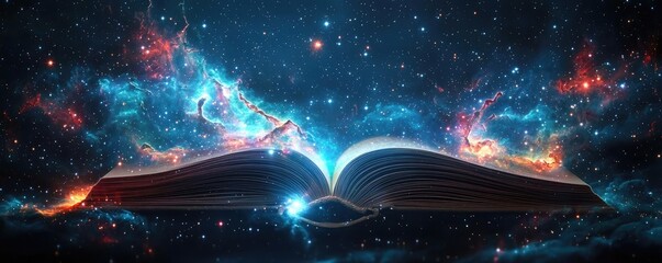 Poster - Open book under starry sky symbolizing learning and cognition concept. An open book radiating cosmic energy in a mesmerizing universe.