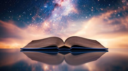 Aufkleber - Open book under starry sky expanding cognition of space concept. An open book set against a captivating cosmic backdrop.