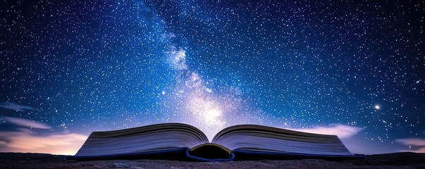 Poster - Open book under starry sky with galaxy and cognition concept. An open book under a starry night sky, symbolizing knowledge.