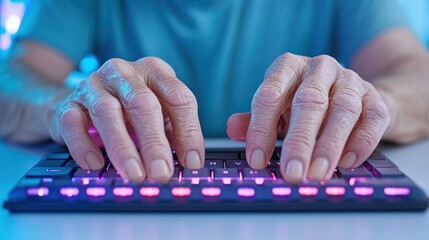 Poster - Fingers on Keys: An intimate view capturing the focused hands of a person intensely engaged in typing on a sleek, illuminated keyboard. The scene exudes both action and concentration.