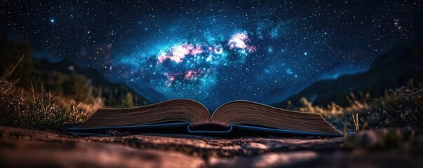Aufkleber - Open book under starry sky with galaxy and cognition concept. A mystical book under a starry sky, inspiring imagination and wonder.