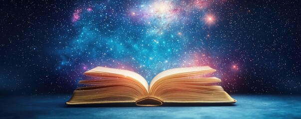 Poster - Open book under starry sky symbolizing learning and cognition concept. An open book revealing a galaxy of wonder and imagination.