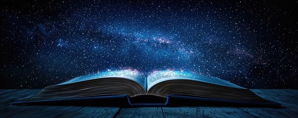 Poster - Open book under starry sky expanding cognition of space concept. An open book revealing a galaxy of stars and possibilities.