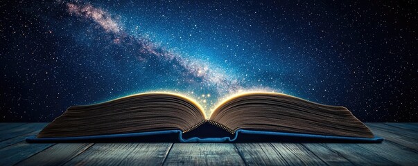 Poster - Open book under starry sky expanding cognition of space concept. An open book revealing a cosmic view of the universe's beauty.