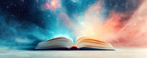 Poster - Open book under starry sky symbolizing learning and cognition concept. An open book with a cosmic background representing knowledge and dreams.