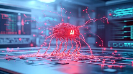 Poster - AI Brain Network: A futuristic illustration of an AI brain intricately woven with digital networks, symbolizing the cutting-edge intersection of artificial intelligence and neuroscience.