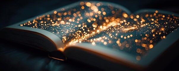 Aufkleber - Open book under starry sky with galaxy and cognition concept. An open book with glowing particles creating a magical effect.