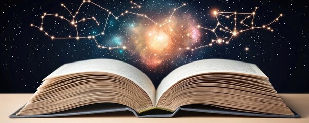 Poster - Open book under starry sky symbolizing learning and cognition concept. An open book revealing the wonders of the universe and stars.