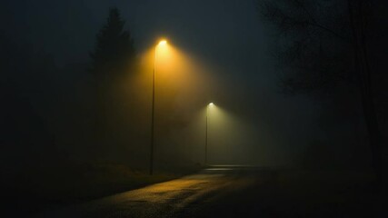 Poster - Misty Night Road with Street Lights Illuminating Foggy Landscape in Urban Environment