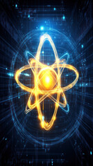 Poster - A glowing yellow atom with a blue background. The image is abstract and futuristic. The bright yellow color of the atom contrasts with the blue background, creating a sense of energy and movement