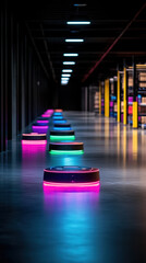 Poster - A row of robots with neon lights on them. The robots are lined up in a row and are glowing brightly