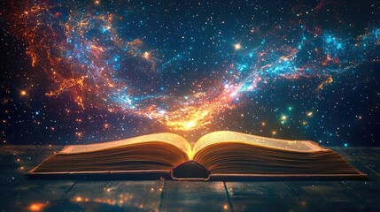 Poster - Open book under starry sky expanding cognition of space concept. An open book revealing a cosmic universe and vibrant colors.