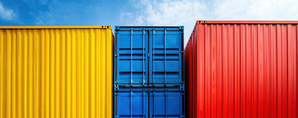 Poster - Three large containers are stacked on top of each other, with the middle container being blue. The containers are placed on a building with a blue and yellow roof