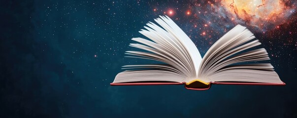 Poster - Open book under starry sky expanding cognition of space concept. A mystical book floats in a cosmic environment full of stars.