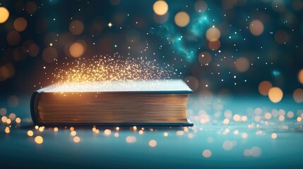 Poster - Open book under starry sky expanding cognition of space concept. A magical book surrounded by glowing sparkles and bokeh lights.