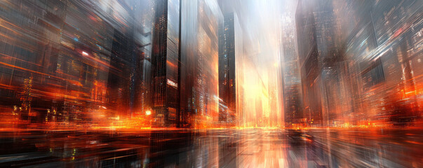 Poster - A cityscape with a large building in the foreground and a large building in the background. The sky is cloudy and the sun is setting