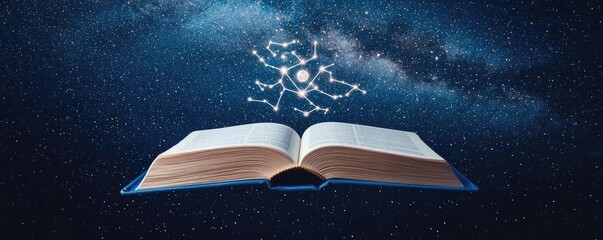 Poster - Open book under starry sky expanding cognition of space concept. An open book revealing constellations against a starry sky.