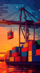 Poster - A large crane is lifting a container ship. The sky is orange and the water is calm. The scene is peaceful and serene