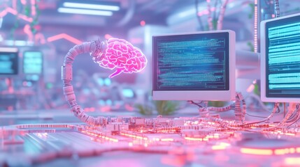 Poster - Cybernetic Brain and Technology: A futuristic vision of a glowing brain connected to computer screens in a high-tech environment, symbolizing artificial intelligence, innovation.