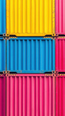 Poster - A colorful stack of shipping containers with yellow and blue stripes. Concept of vibrancy and energy, as the bright colors of the containers contrast with the more subdued colors of the background