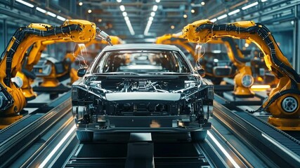 Poster - Robotic arms assembling a car in a high-tech factory setting