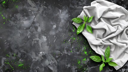Poster - Elegant Gray Cloth with Fresh Green Sprigs on Textured Black Background