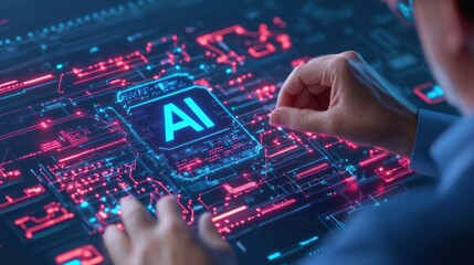 Poster - AI Technology Innovation: A person's hands interacting with a vibrant AI interface on a digital circuit board, showcasing technological innovation and the future of artificial intelligence. 