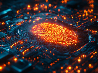 Poster - glowing digital fingerprint scanner on circuit board, showcasing technology and innovation