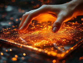 Poster - close up of hand interacting with glowing digital surface, showcasing vibrant orange lights