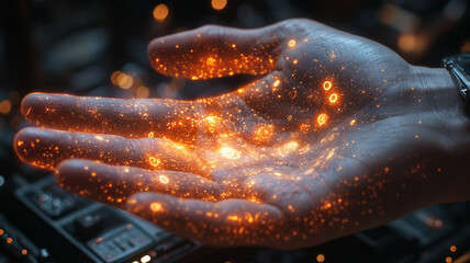 Poster - close up of hand with glowing particles, showcasing gesture control and technology