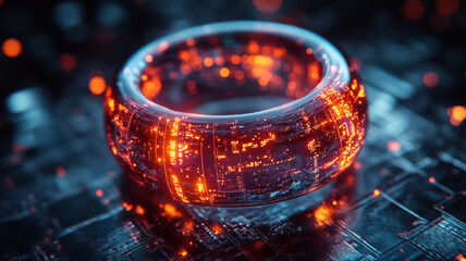 Poster - close up of smart ring featuring glowing holographic display, showcasing intricate patterns