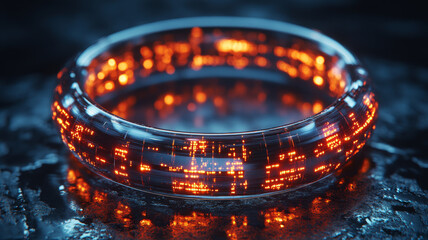 Poster - close up of smart ring displaying glowing holographic patterns, showcasing modern technology