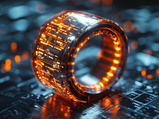 Poster - close up of smart ring with glowing holographic data projection, showcasing technology