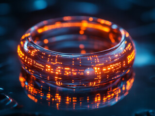Poster - close up of smart ring with holographic data projection, showcasing vibrant orange lights