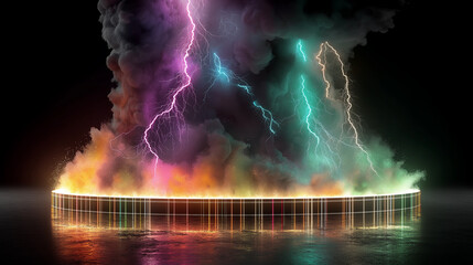 Aufkleber - Colorful lightning bolts striking a circular platform surrounded by water and smoke