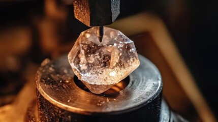 Poster - High-detail shot of a faceting machine in operation with a partially cut gemstone mounted