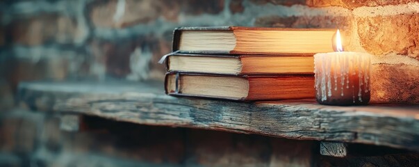 Poster - Books floating in the air with flying and education concept. Books and candle on a rustic shelf creating a cozy atmosphere.
